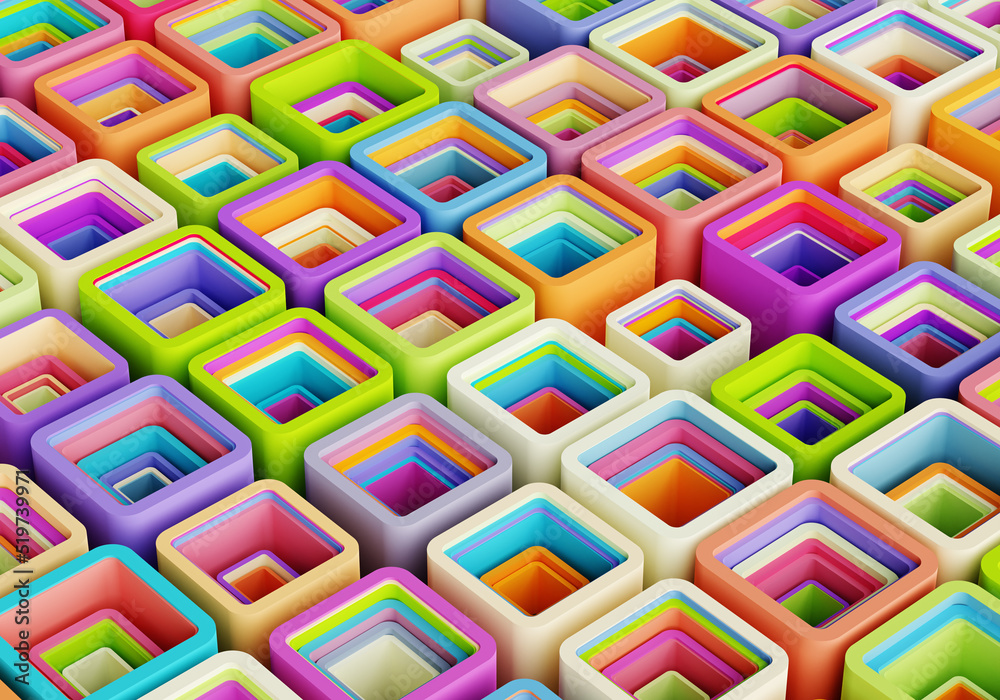 Abstract colorful background. Composition of square objects and shapes.3D rendering.