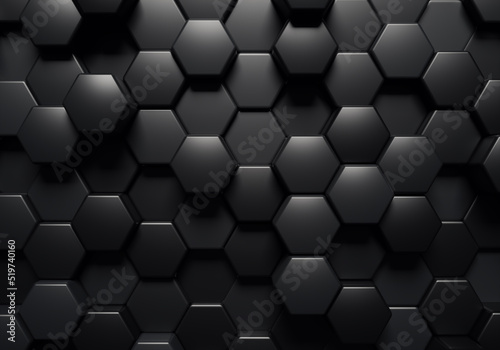Abstract hexagon background. Many black hexagons, various heights.3D rendering.