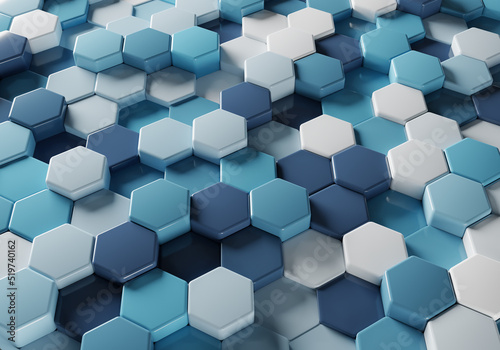Abstract hexagon background. Many blue and white hexagons, various heights.3D rendering.