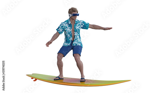 3D Render : young surfer man with a VR headset surfing on the surfboard isolated on white background, gamer simulation as a surfer 
