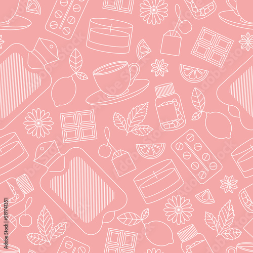 Woman period remedies minimalist seamless pattern. Medications and hot water bottle with green tea and candle. Flat line art. 