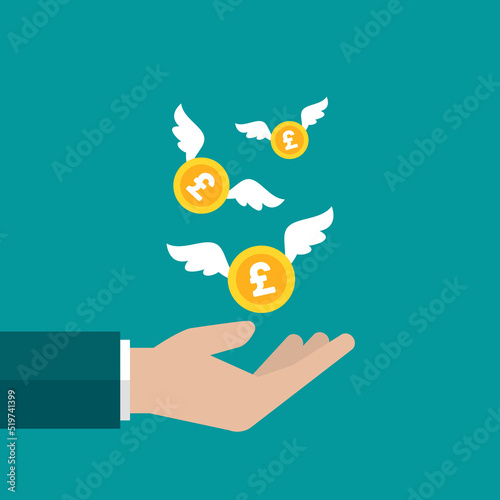 Hand with gold pound sterling coin with wings. Vector flat illustration on blue. Give, receive, take, earn money.