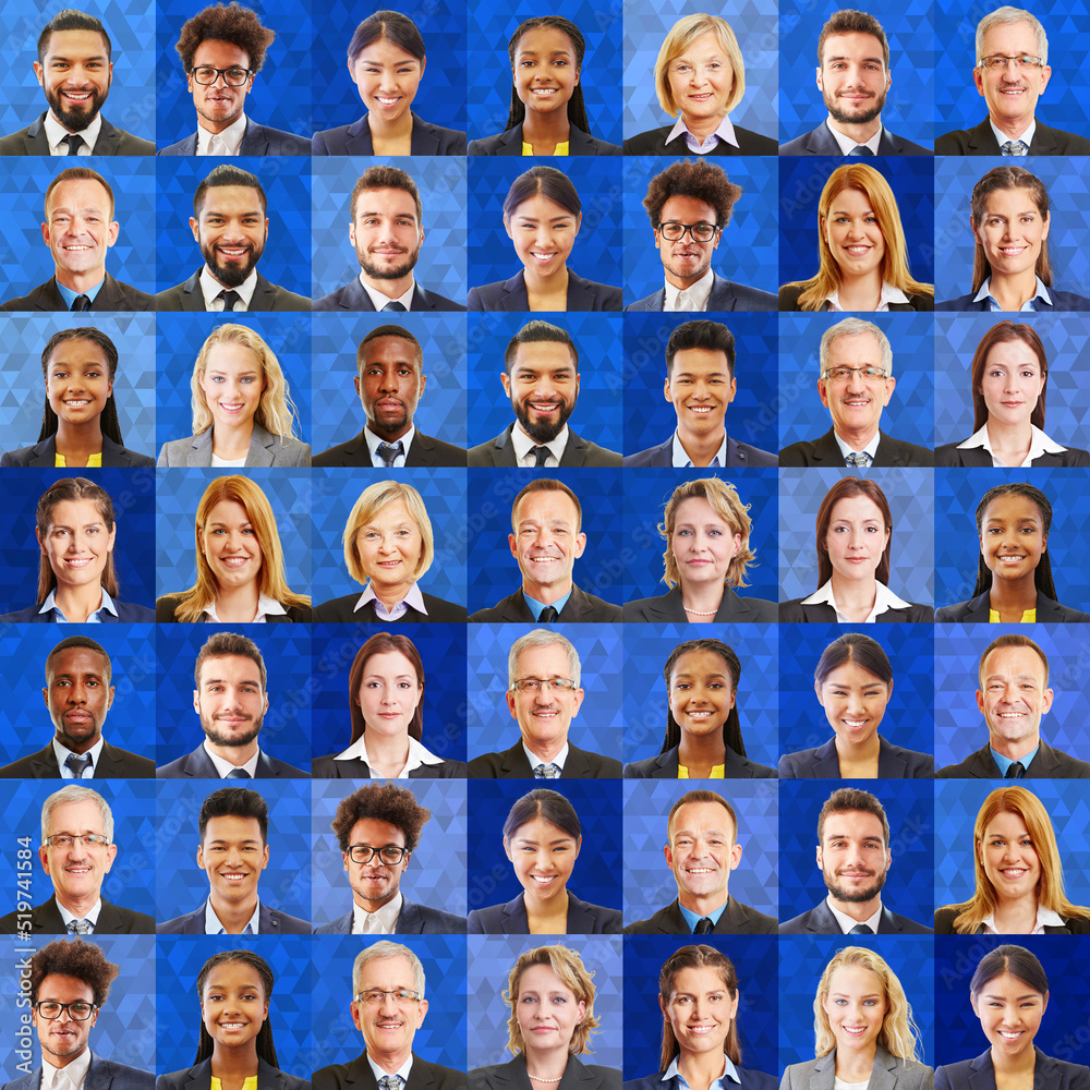 Quadrat aus Business Portraits vor blauem Polygon Hintergrund Quadrat aus Business Portraits vor blauem Polygon Hintergrund
