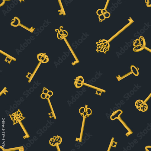 Seamless pattern with golden elements on black background.