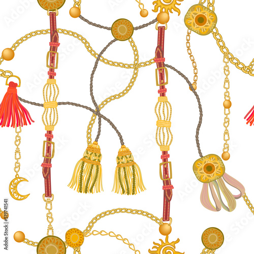 Seamless pattern with golden elements on white background.