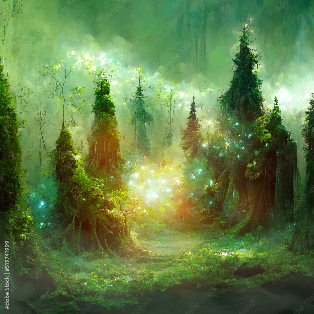 Beautiful magical fairy forest with glowing lights - obrazy, fototapety, plakaty 