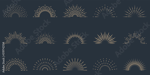 Sunburst Shine Line Icon on Dark Background. Sun Burst Light Half Circle Linear Pictogram. Semicircle Sunshine Sparkle Bang Retro Vintage Minimal Outline Icon. Isolated Vector Illustration