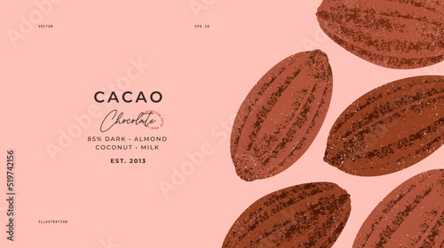 Chocolate cacao beans textured illustration. Vintage style minimalist horizontal design template.