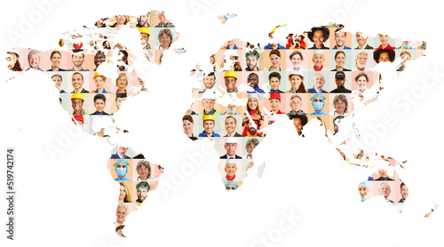 Mitarbeiter Portraits verschiedener Industrien auf Weltkarte photo