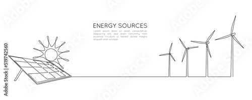 One continuous line drawing of wind turbine and Solar panel with sun. Green energy and renewable resources in simple linear style. Power station concept. Editable stroke. Doodle vector illustration