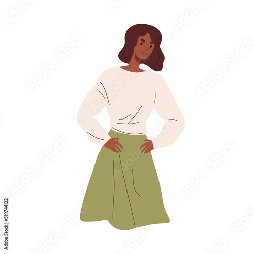 Angry annoyed woman with frowning displease face, strict irritated look. Dissatisfied disappointed exasperated person with displeased emotion. Flat vector illustration isolated on white background