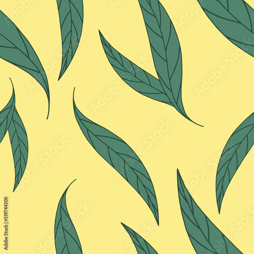 seamless pattern on yellow background green leaves hand drawn