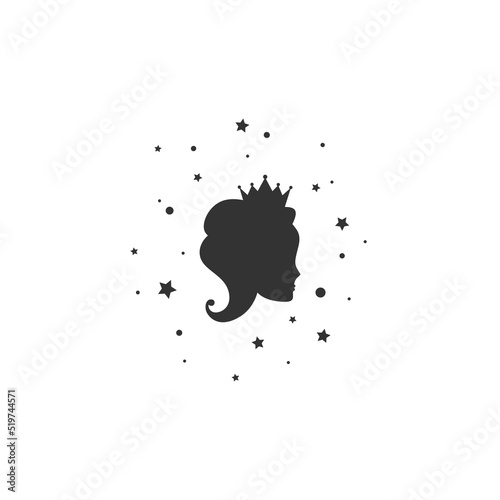 Beautiful princess with crown, stars and tinsel. Women s elegant silhouette with beautifull hairstyle.