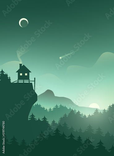 Flat morning nature scenery with forest, mountain and house on a cliff