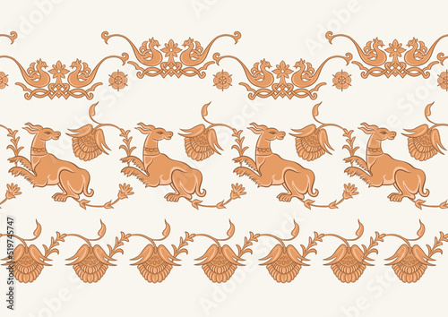 Byzantine traditional historical motifs of animals, birds, flowers and plants Seamless border pattern, linear ornament, ribbon in beige. Vector illustration.