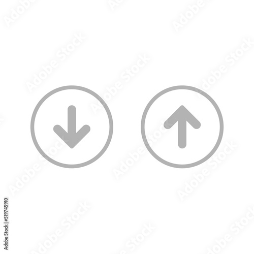 grey rounded arrow up in blue circle and blue rounded arrow down in blue circle. point down button. south sign. Upload icon. Upgrade. download, share