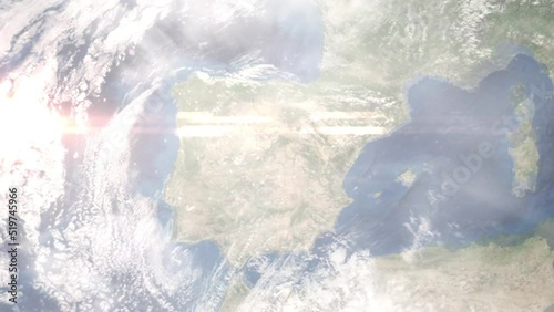 Earth zoom in from outer space to city. Zooming on Alcobendas, Spain. The animation continues by zoom out through clouds and atmosphere into space. Images from NASA photo