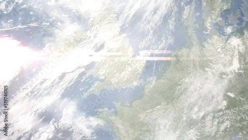 Earth zoom in from outer space to city. Zooming on Milton Keynes, UK. The animation continues by zoom out through clouds and atmosphere into space. Images from NASA photo