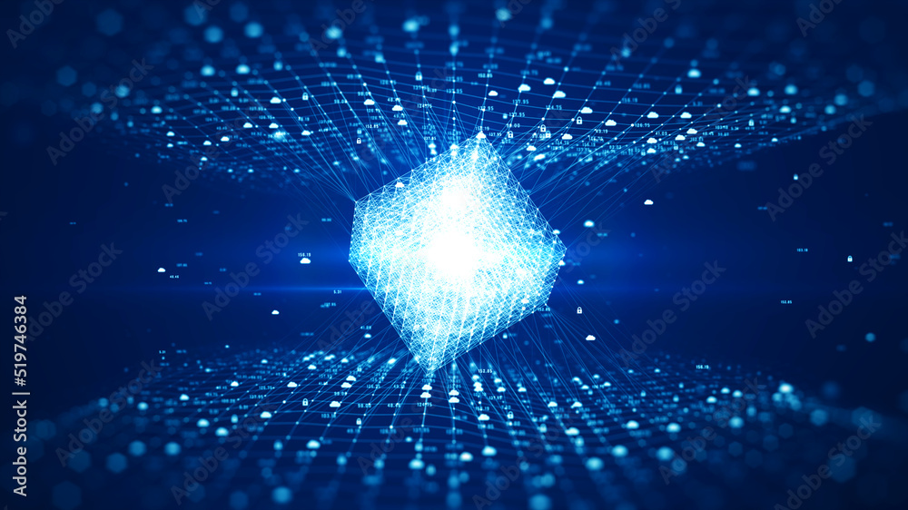 Blockchain network concept. Big data connection digital cube on digital ...