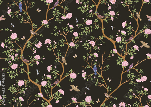 Camellia blossom tree With sparrow, finches, butterflies, dragonflies. Seamless pattern, background. Vector illustration. Chinoiserie, traditional oriental botanical motif.