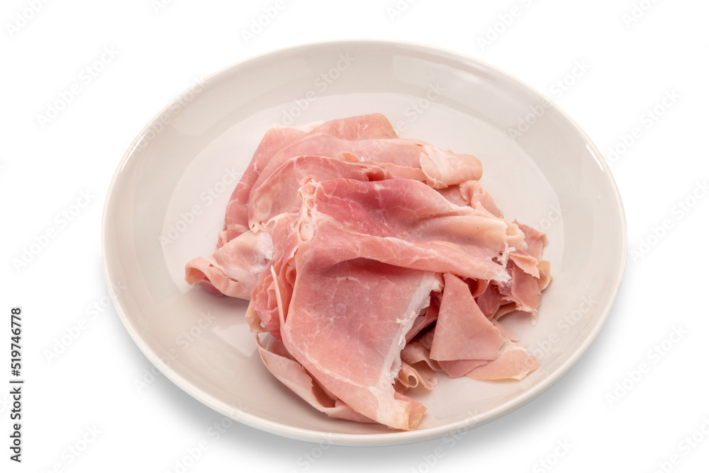 Sliced ham in white dish isolated on white, clipping path, top view Sliced ham in white dish isolated on white, clipping path, top view