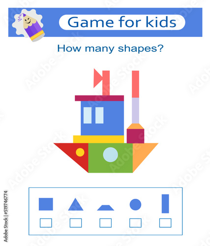 Math activity for kids. Developing numeracy skills. Count how many triangles, rectangles, circles. Vector illustration