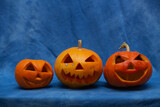 Halloween small pumpkins with angry smile seeng on camera lying on blue background waiting for holiday.