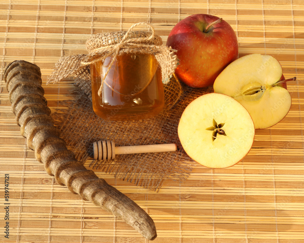 Rosh HaShanah holiday. Celebrating attributes - apples, honey, shofar
