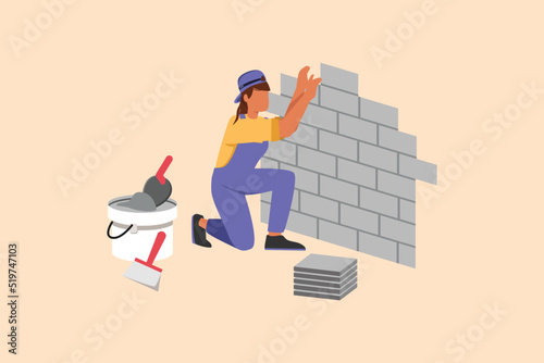Business flat cartoon style drawing repair worker laying ceramic wall tile. Professional tiler in uniform working. Repairwoman in overalls tiling at home decoration. Graphic design vector illustration