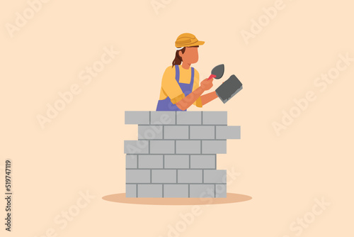 Business design drawing beautiful repairwoman building brick wall. Construction worker in overalls and helmet doing work. Builder concept. Repair work services. Flat cartoon style vector illustration