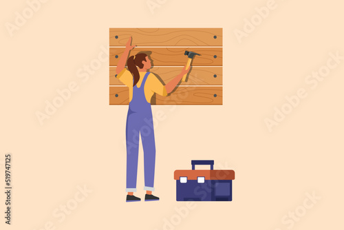 Business flat drawing professional worker in overalls hammering wall. Nail in wood. Beauty repairwoman work at home. Building, construction and repair work services. Cartoon design vector illustration