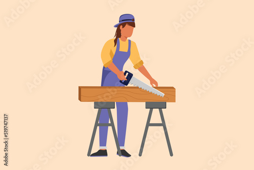 Business flat cartoon style drawing builder or carpenter repairwoman sawing boards. Building, construction, repair services. Real estate, housing. Business timber. Graphic design vector illustration