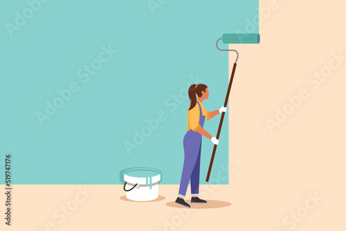 Business flat drawing professional handywoman painting wall with roller. Home repair, decoration, renovation, freshen up. Cute repairwoman painter professional work. Cartoon design vector illustration