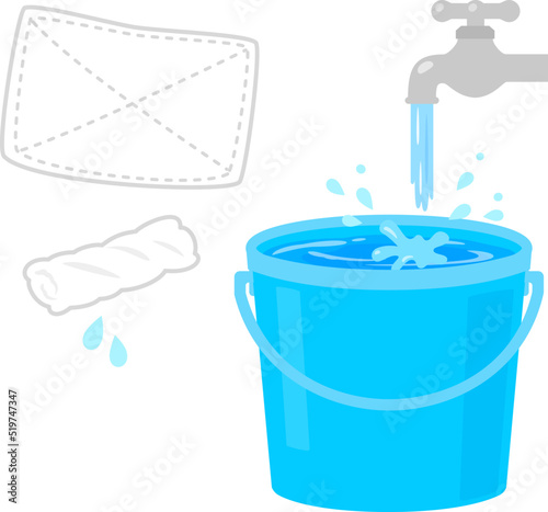 蛇口から水を注いだバケツと雑巾