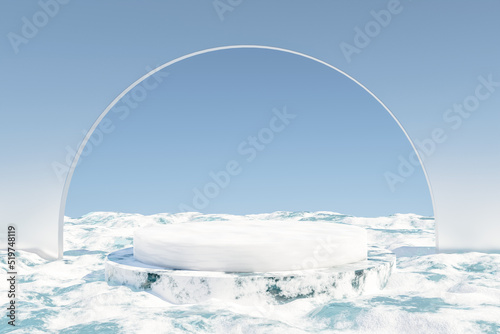 3d render platform and Natural podium background on ice snow and snow covered floor with glass arch for product display, Blank showcase, mockup template or cosmetic presentation with empty round stage © EcoSpace