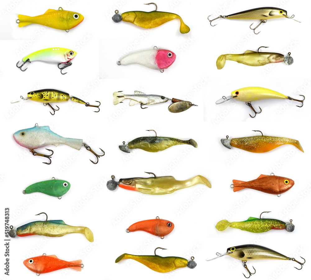 Naklejka premium Many Fishing Spinning, bait, artificial lure. Silicon Fishing Twister with Hook and Sinker Isolated on White Background.