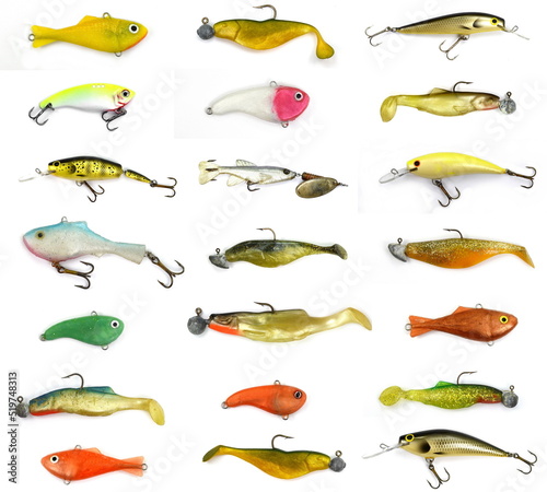 Many Fishing Spinning, bait, artificial lure. Silicon Fishing Twister with Hook and Sinker Isolated on White Background. © Sanja