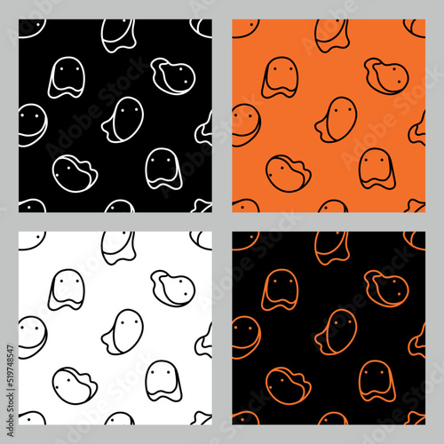 Set of seamless patterns with cute doodle ghosts. Festive Halloween template, print. Set of seamless patterns with spirits for holiday package and wrapper. Funny phantoms. Creative design.