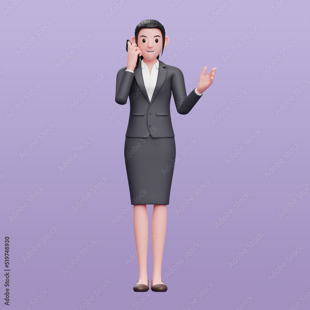 Business woman in formal suit have a conversation on the phone, 3d illustration of a business woman in a suit black skirt holding phone