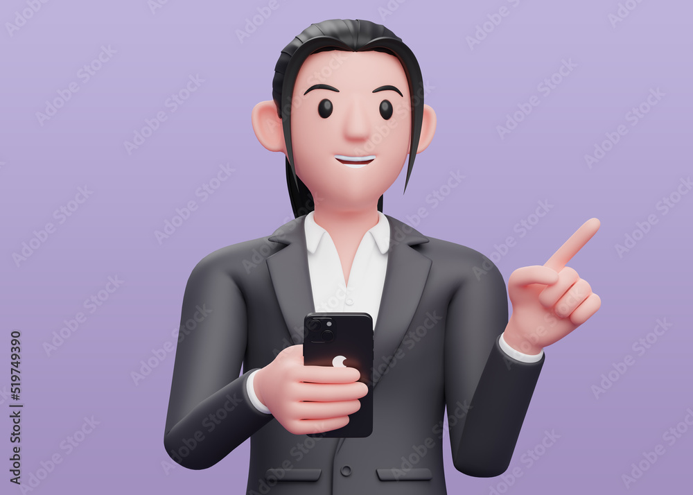 Portrait Business woman in formal suit pointing to the side choosing gesture and holding a phone, portrait 3d illustration of a business woman in a suit holding a phone Portrait Business woman in formal suit pointing to the side choosing gesture and holding a phone, portrait 3d illustration of a business woman in a suit holding a phone