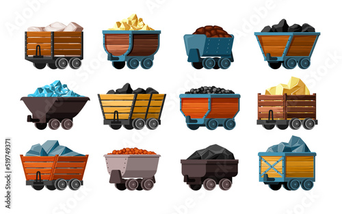 mining carts. gold mineral stones diamonds and other treasures in containers. Vector mining vehicles