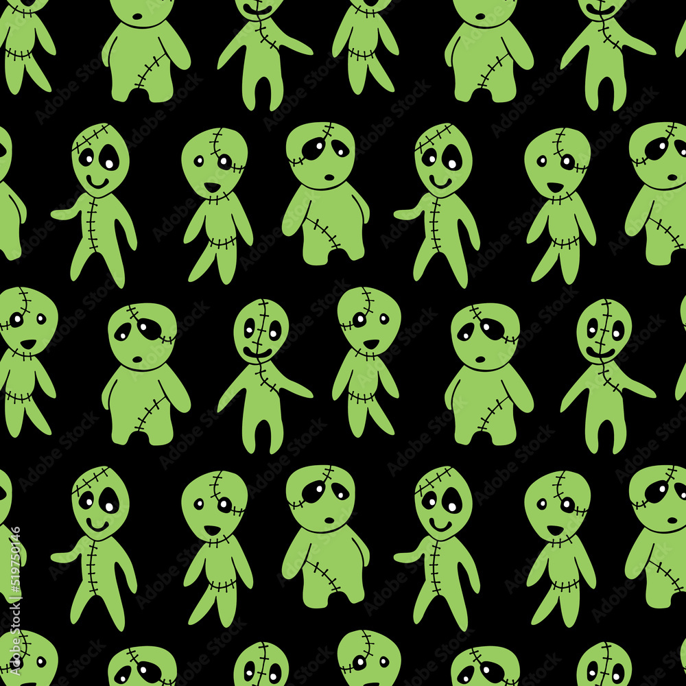 Vector seamless pattern with cute zombies in cartoon style. Outline doodle illustration isolated. Halloween backgrounds and textures. For holiday design, greeting card, wrap, web