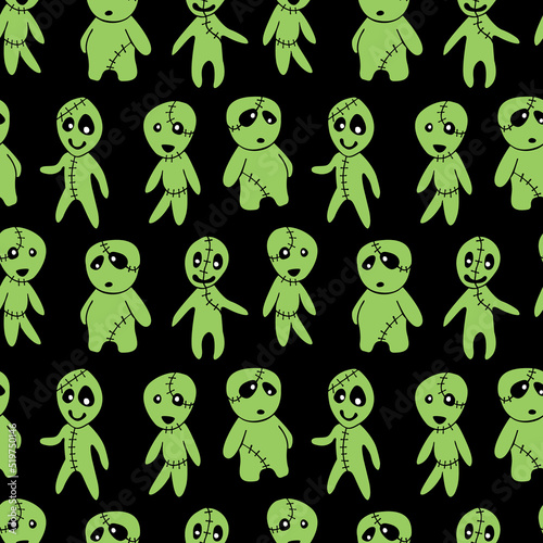 Vector seamless pattern with cute zombies in cartoon style. Outline doodle illustration isolated. Halloween backgrounds and textures. For holiday design, greeting card, wrap, web