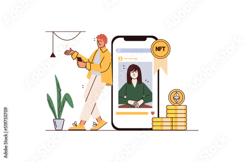 NFT concept with people scene in flat cartoon style. Man digitizes picture using the phone, creates digital assets and earns money with it. Vector illustration.