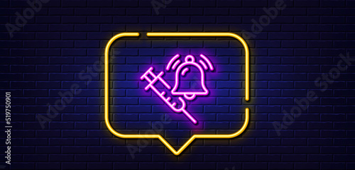 Neon light speech bubble. Vaccine announcement line icon. Vaccination syringe with bell sign. Jab symbol. Neon light background. Vaccine announcement glow line. Brick wall banner. Vector