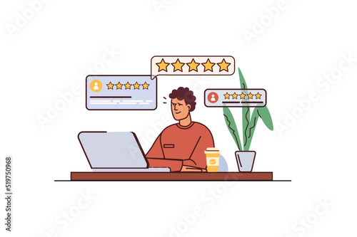 Concept Best feedback with people scene in flat cartoon design. Man receives excellent reviews for his work from Internet users. Vector illustration.
