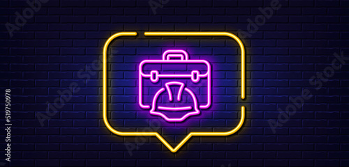 Neon light speech bubble. Construction toolbox line icon. Architect portfolio sign. Engineer case symbol. Neon light background. Construction toolbox glow line. Brick wall banner. Vector