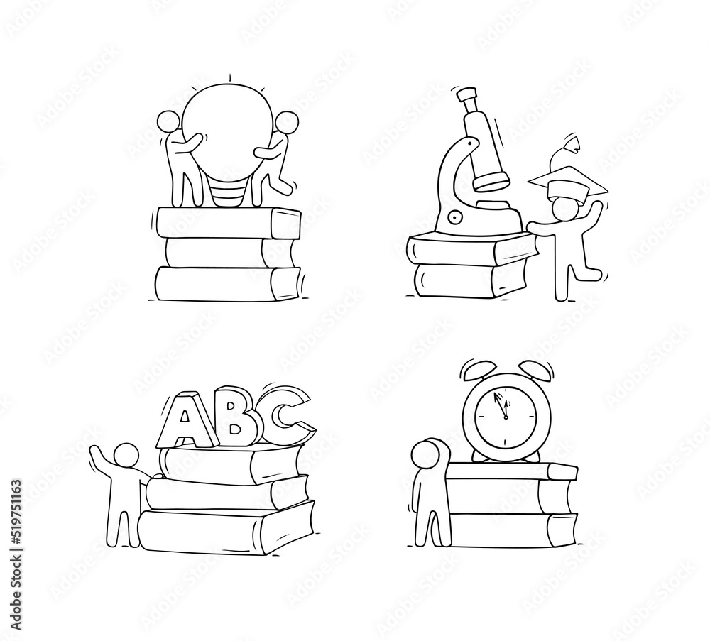 Set sketch of people and books,