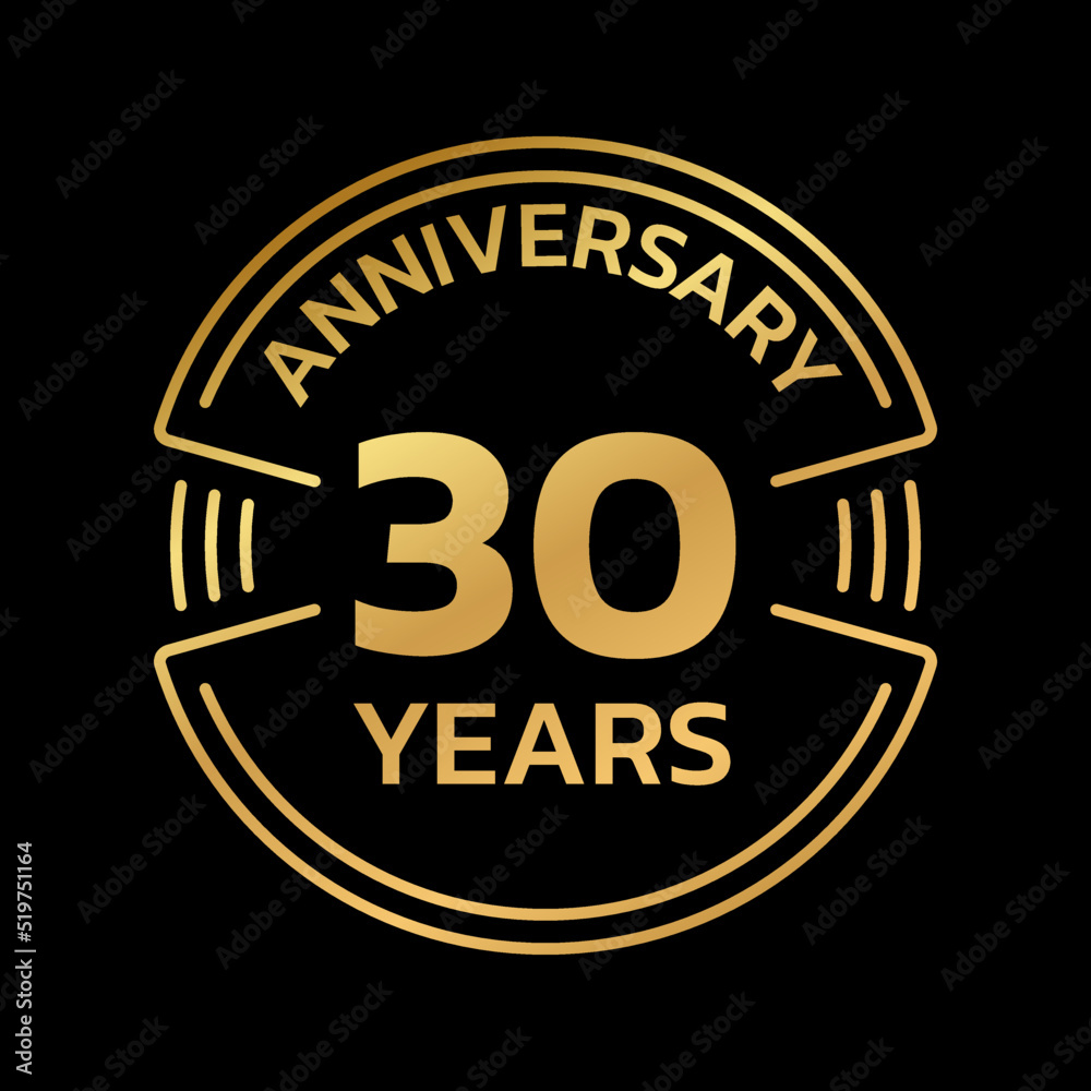 30th Anniversary golden logo or icon. 30 years round stamp design. Birthday celebrating, jubilee circle badge or label template. Vector illustration.