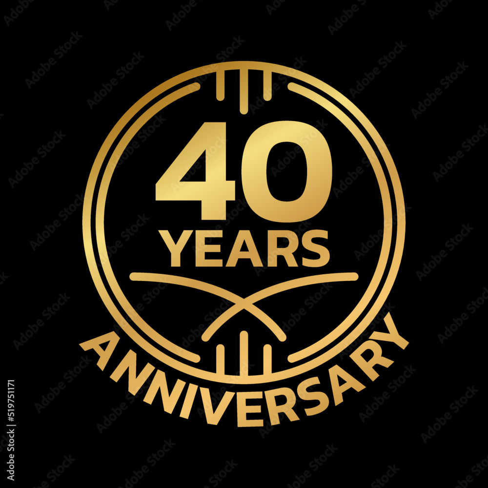 40th Anniversary golden logo or icon. 40 years round stamp design. Birthday celebrating, jubilee circle badge or label template. Vector illustration.